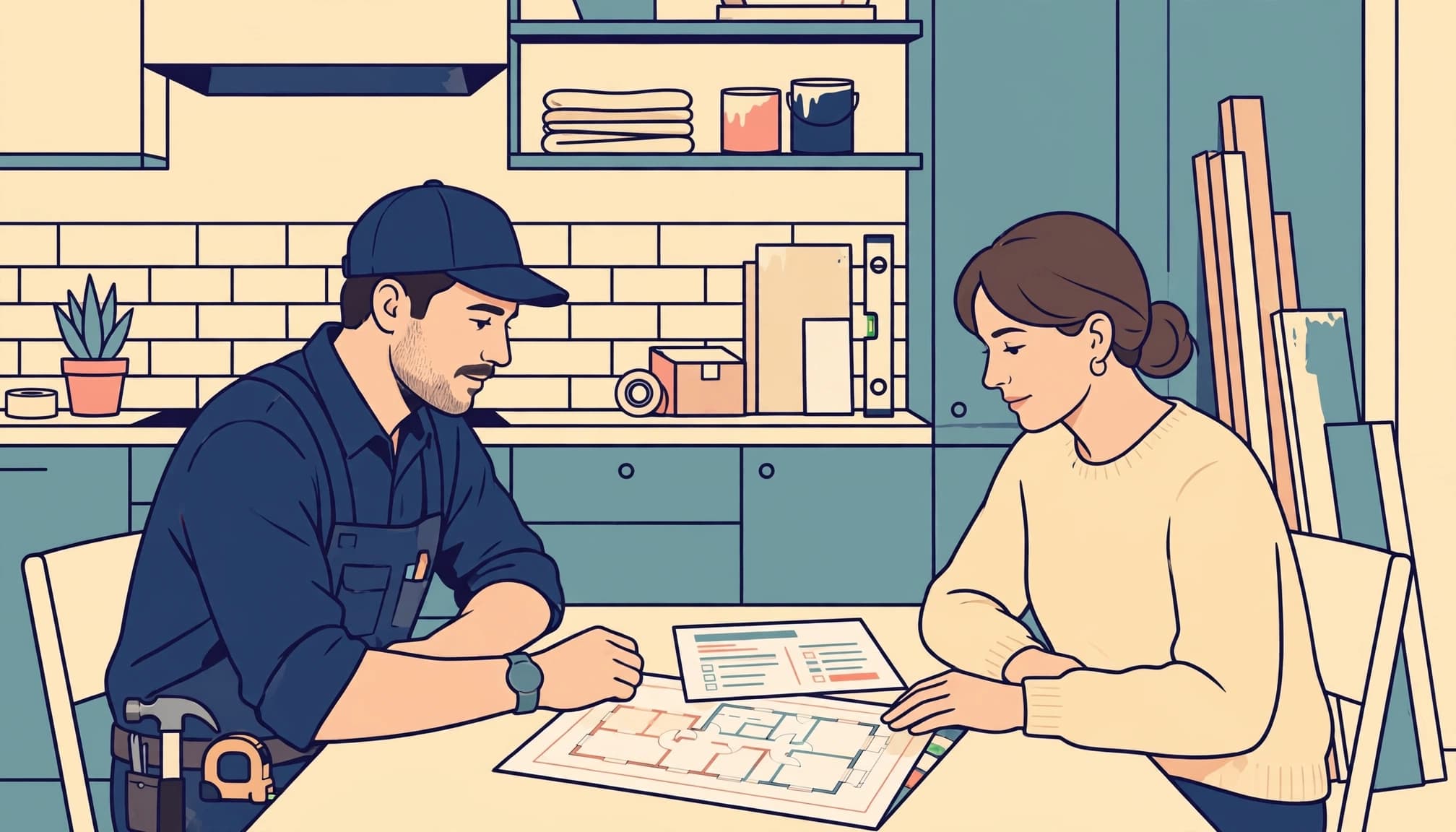 A contractor and homeowner review renovation plans and papers together at a table in a kitchen.