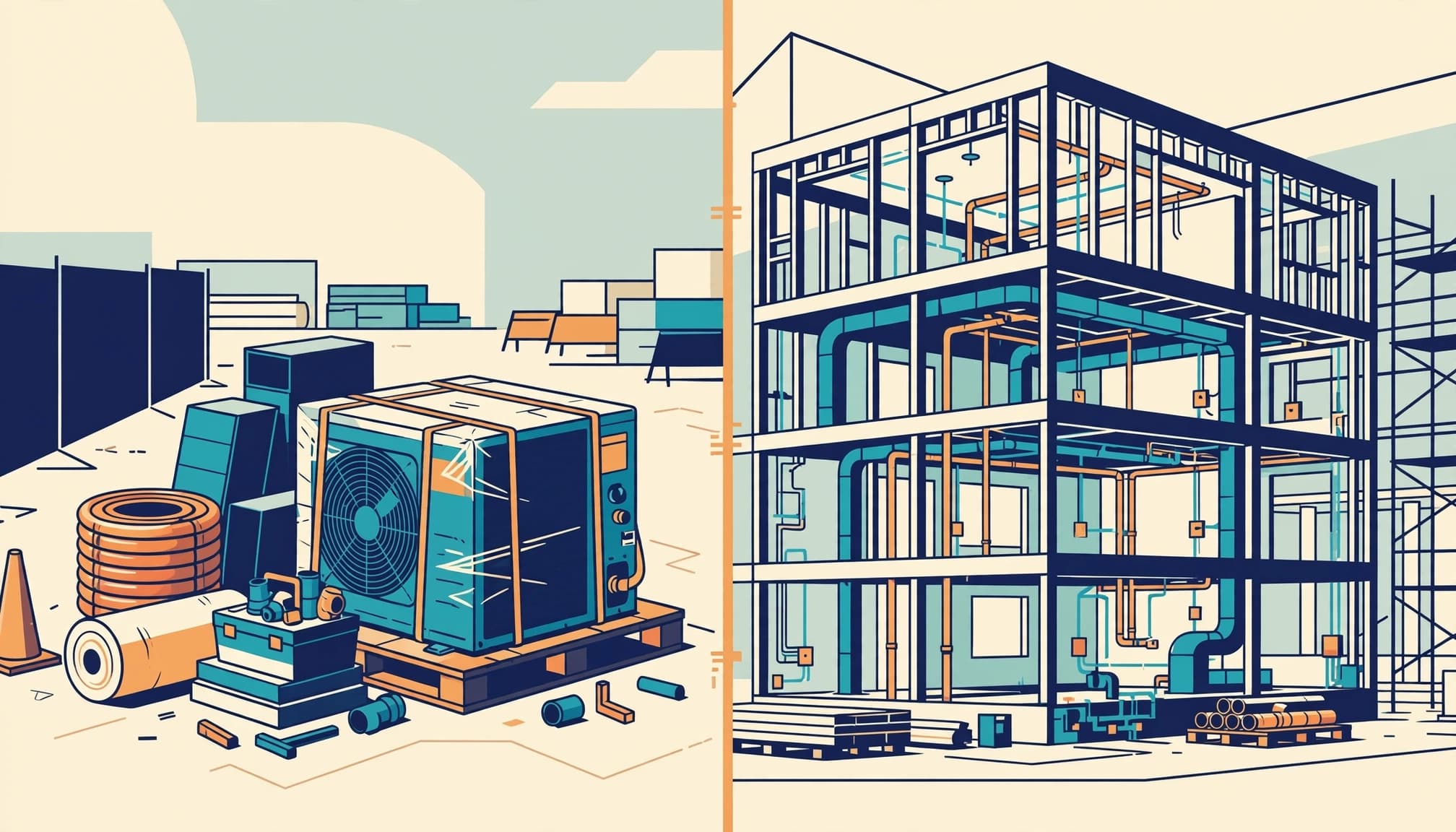 A split illustration showing an HVAC unit on the left and an unfinished building structure on the right.