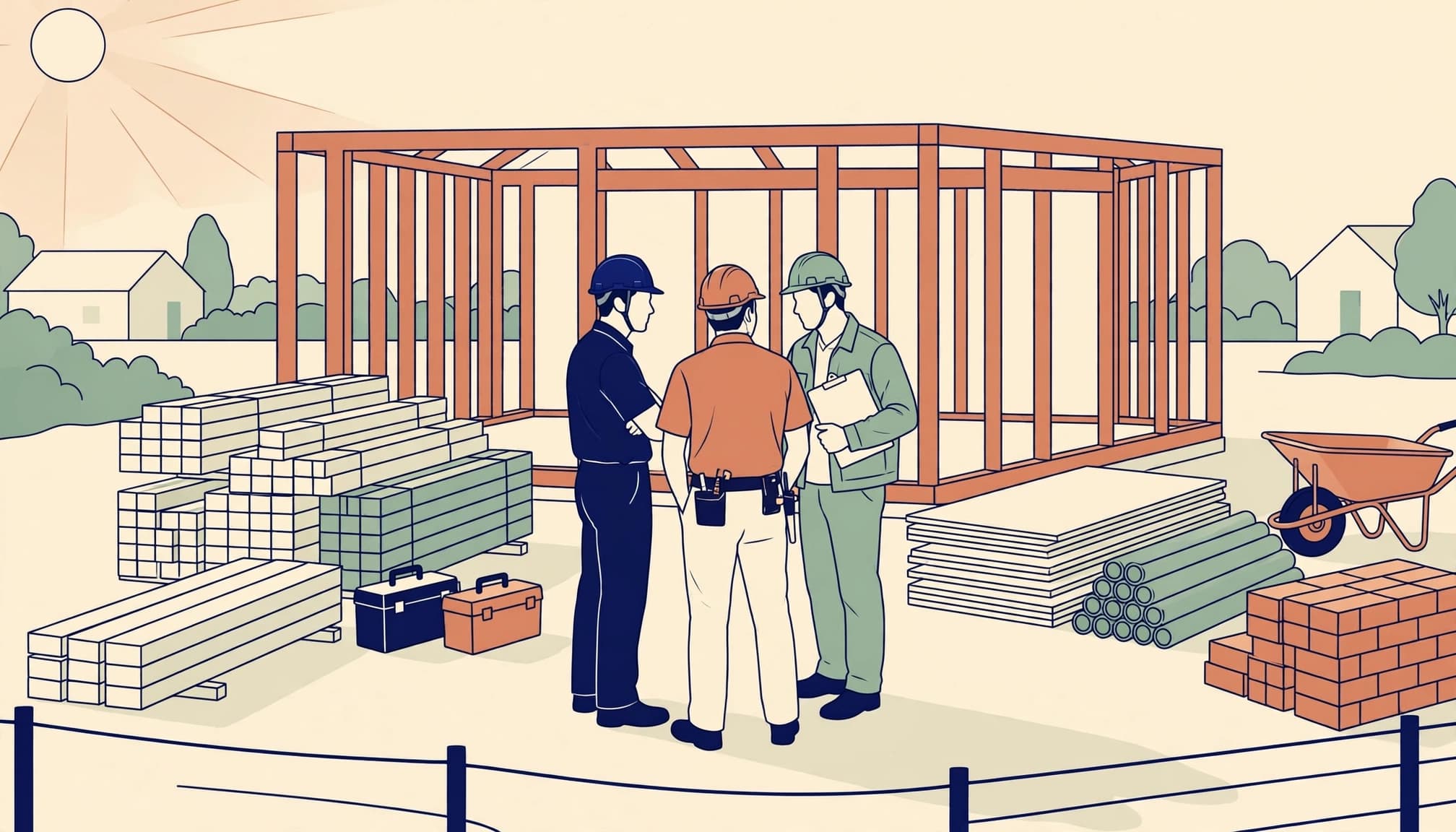 An illustration of three construction workers in hard hats standing at a building site with lumber and tools.