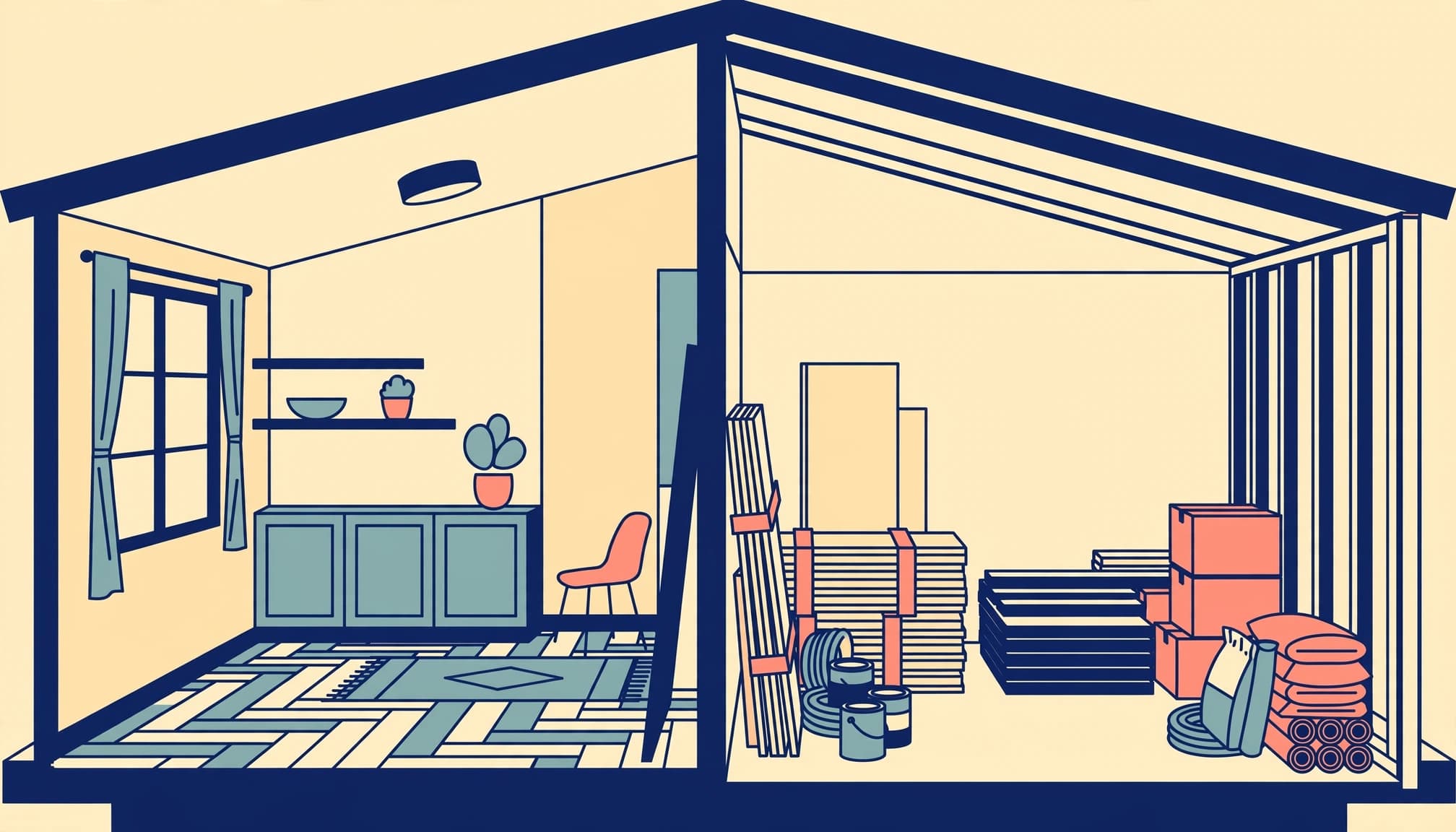A cutaway illustration of a house showing a finished room on the left and a room with stored construction materials on the right.