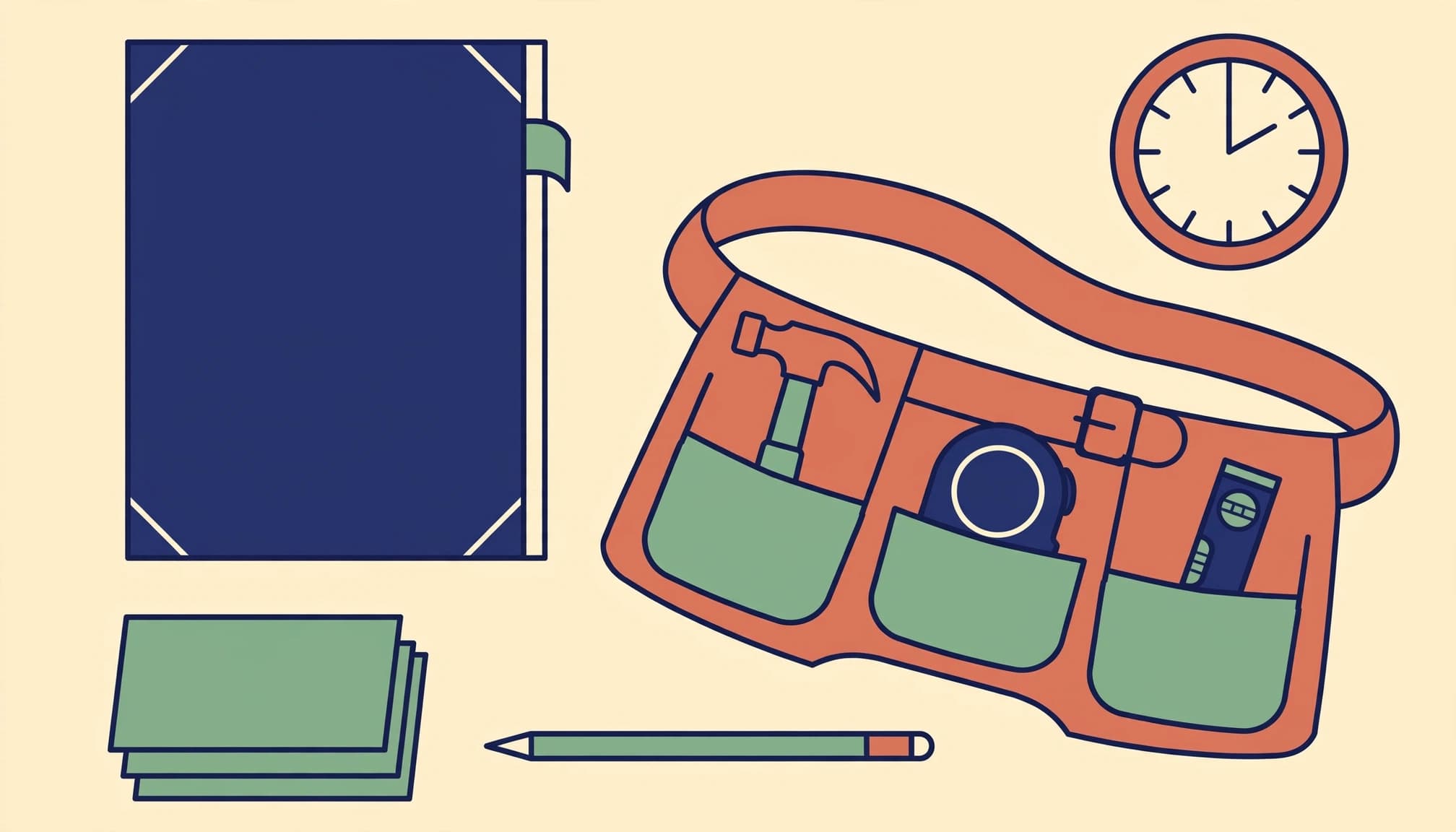 A flat 2D illustration shows a blue closed book, a tool belt with tools, a pencil, and a wall clock from above.