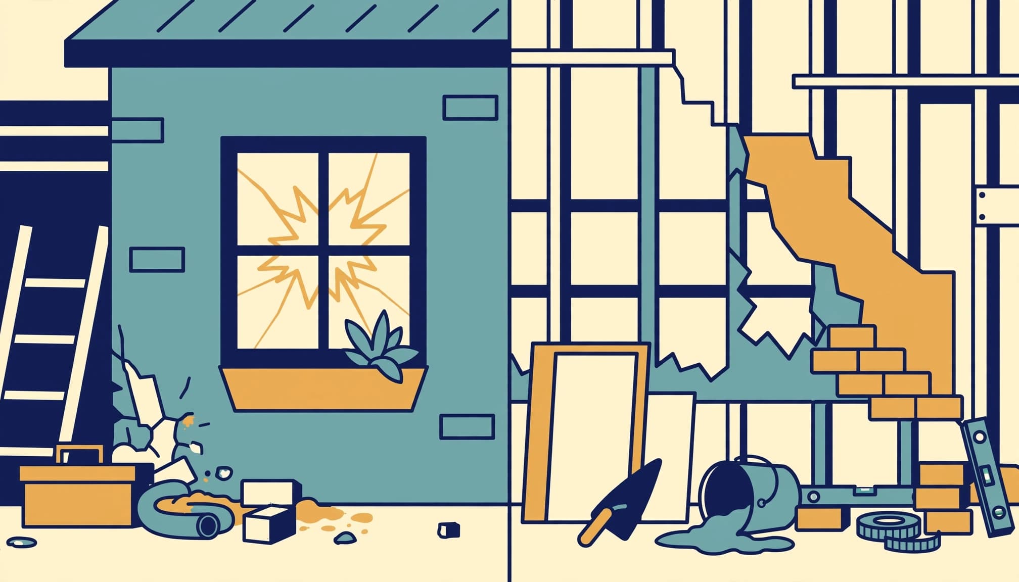 A split illustration showing a cracked window on one side and an unfinished wall frame on the other.