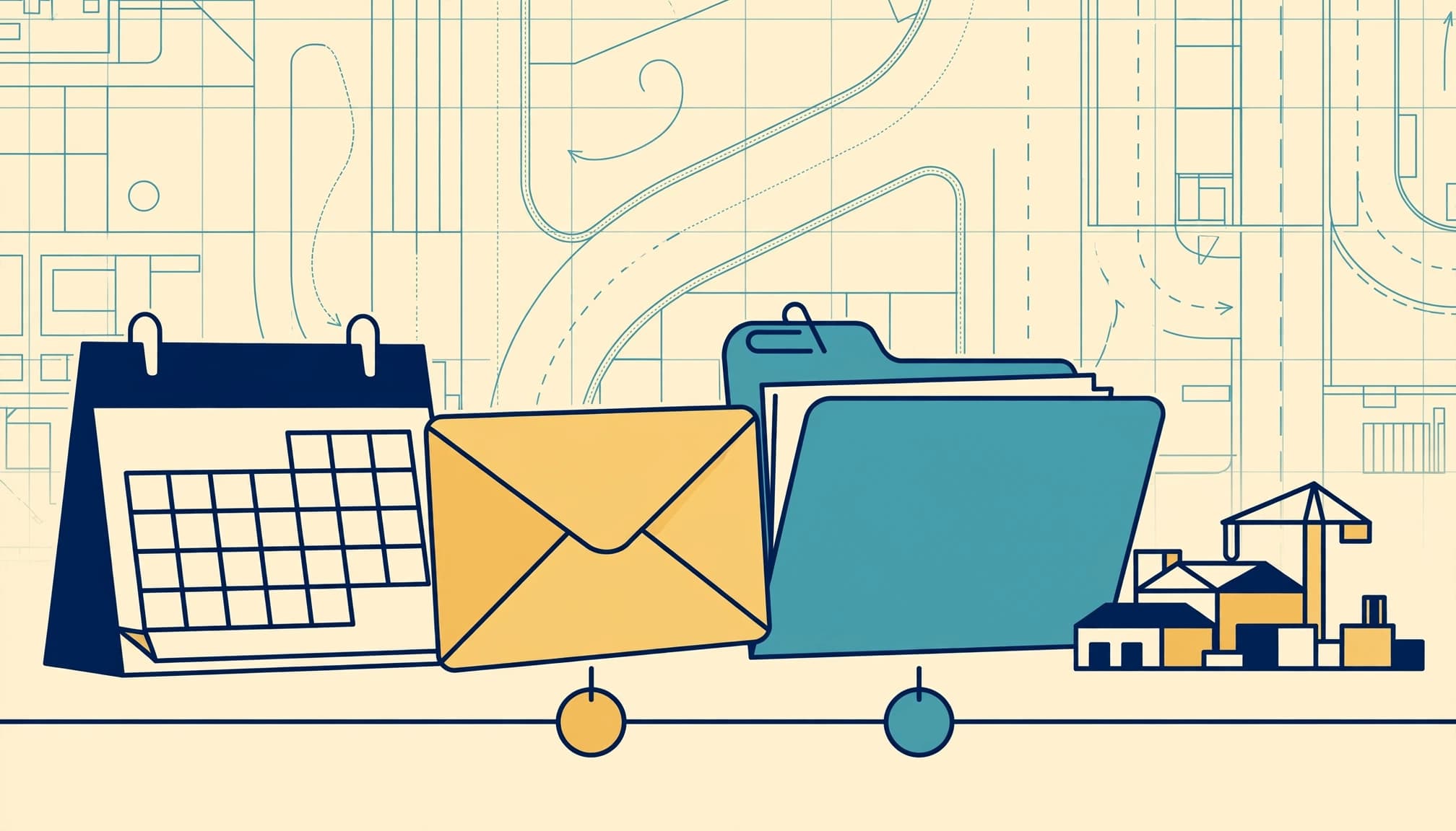 An illustration of a calendar, a yellow envelope, a blue folder, and a construction model on a blueprint background.