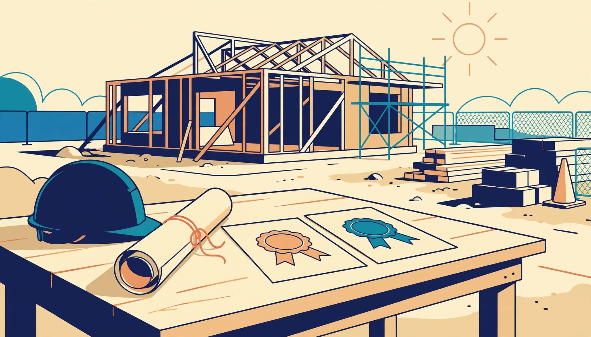 A 2D illustration of a construction site table with a hard hat, blueprints, and bond documents in front of a building frame.