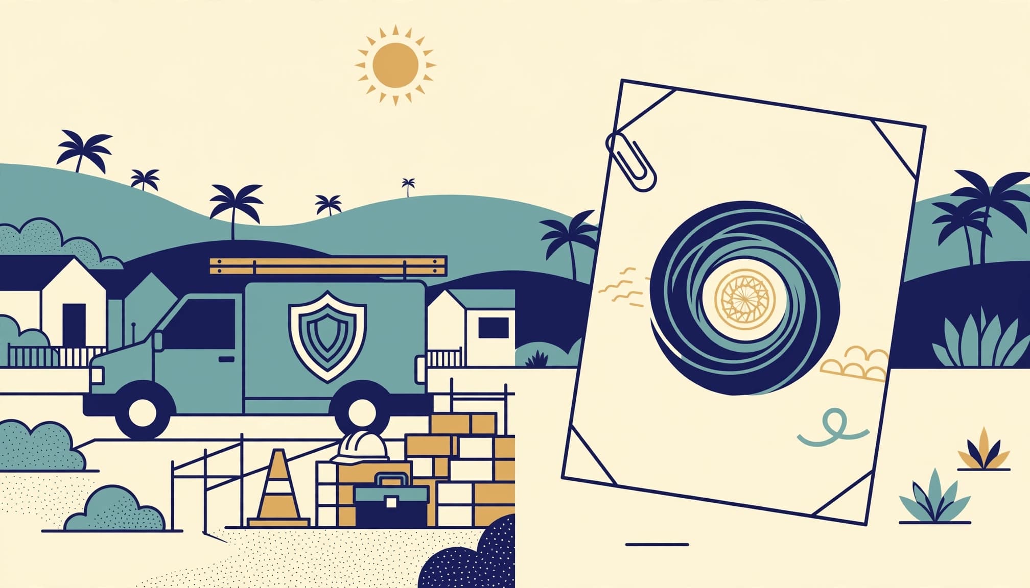 A 2D vector illustration of a service van on a construction site next to a document with a seal.