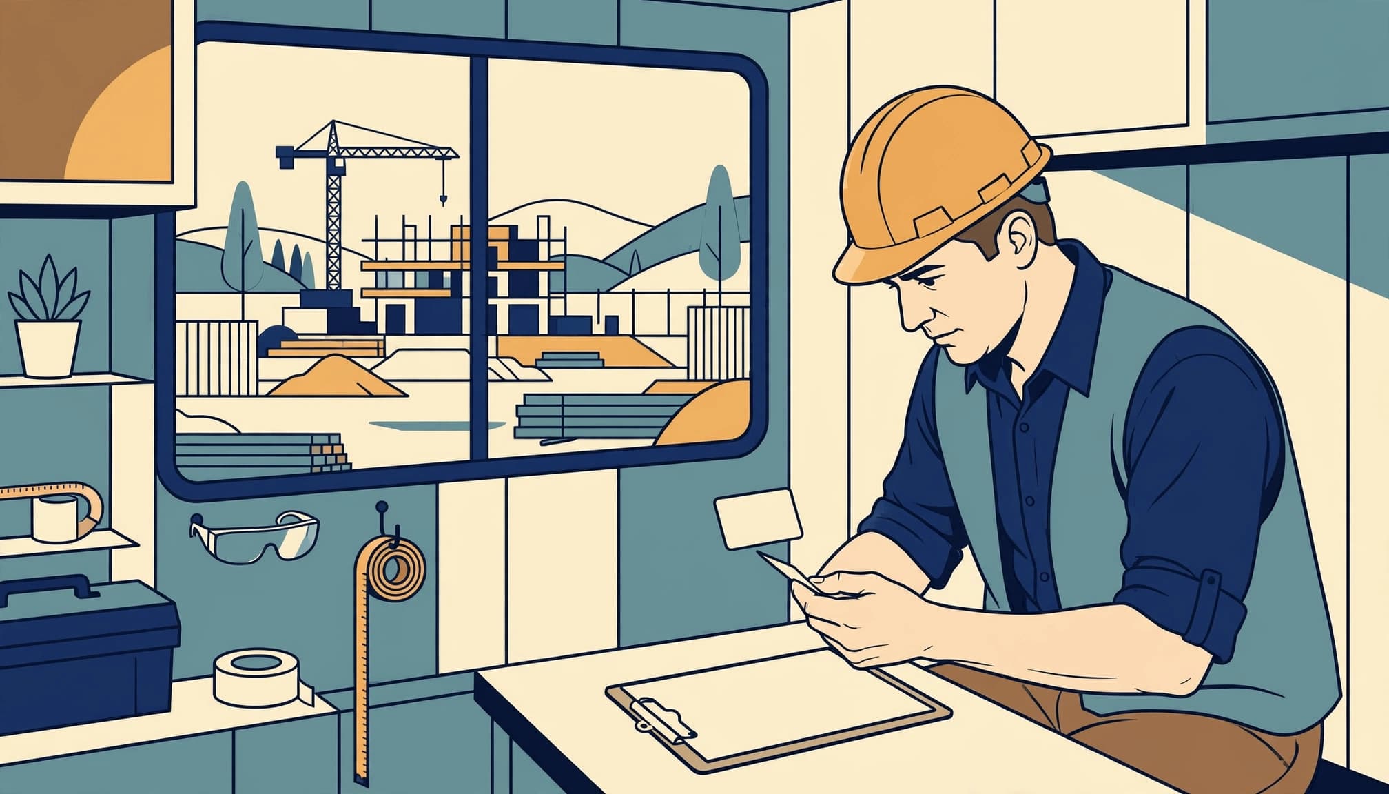 A construction contractor in a hard hat reviews a license card at a desk with a clipboard.