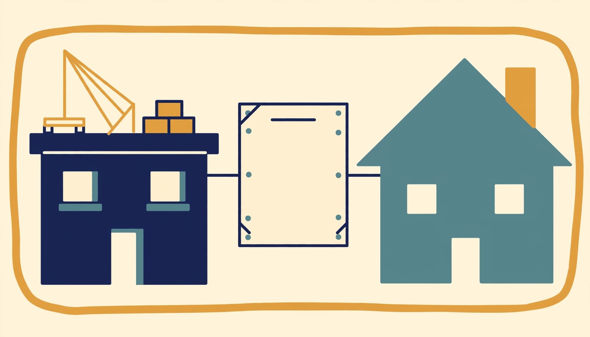 An illustration showing a construction building connected to a house via a document inside a boundary.