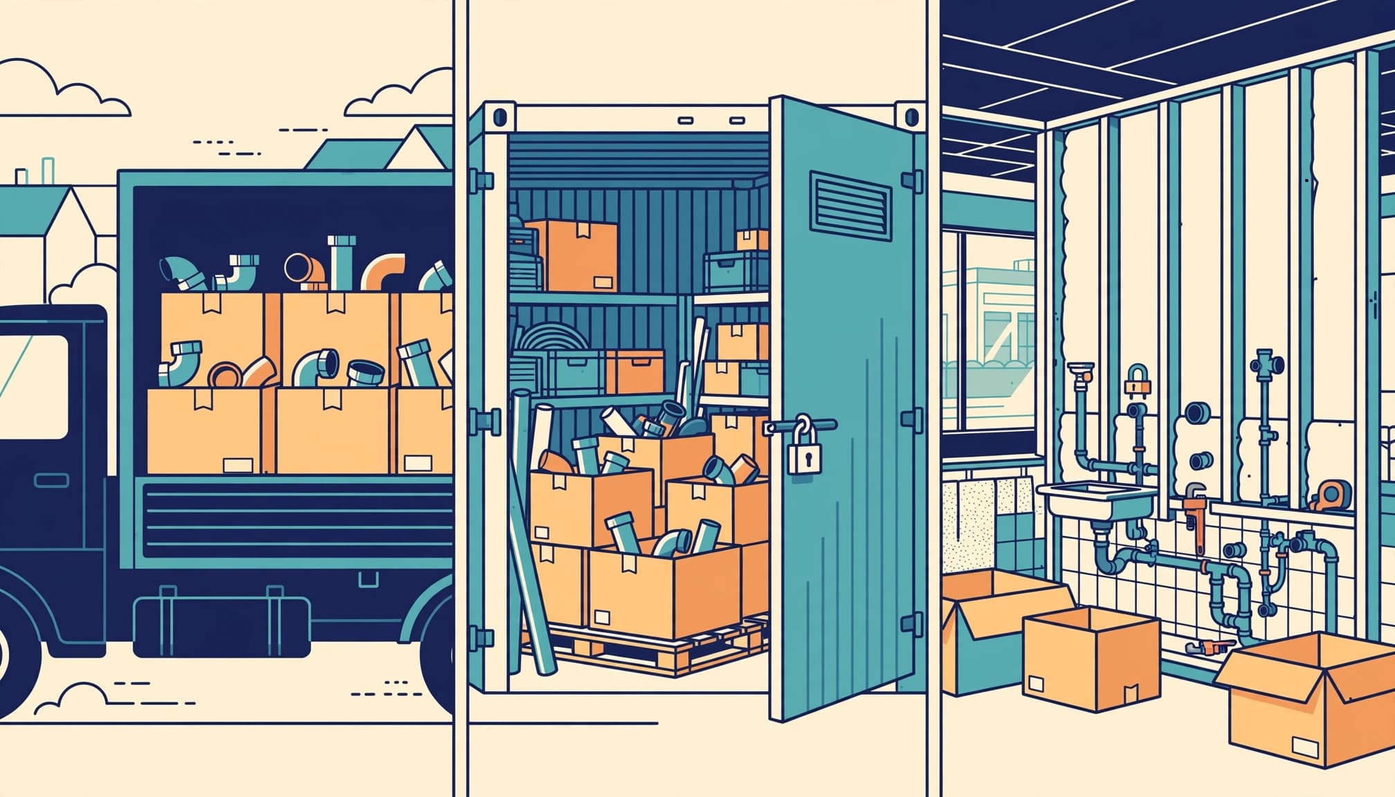 A triptych illustration showing a truck with boxed plumbing fixtures, a locked storage unit, and installed plumbing pipes.
