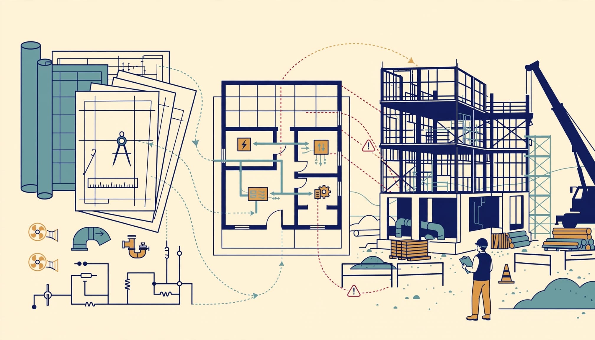 An illustrated construction site plan with blueprints, floor plans, and a worker inspecting a building.