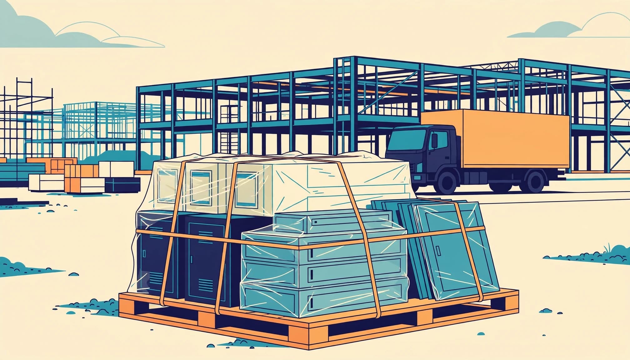 A 2D illustration of a pallet of protected electrical panels on a construction site with a truck and steel framing.