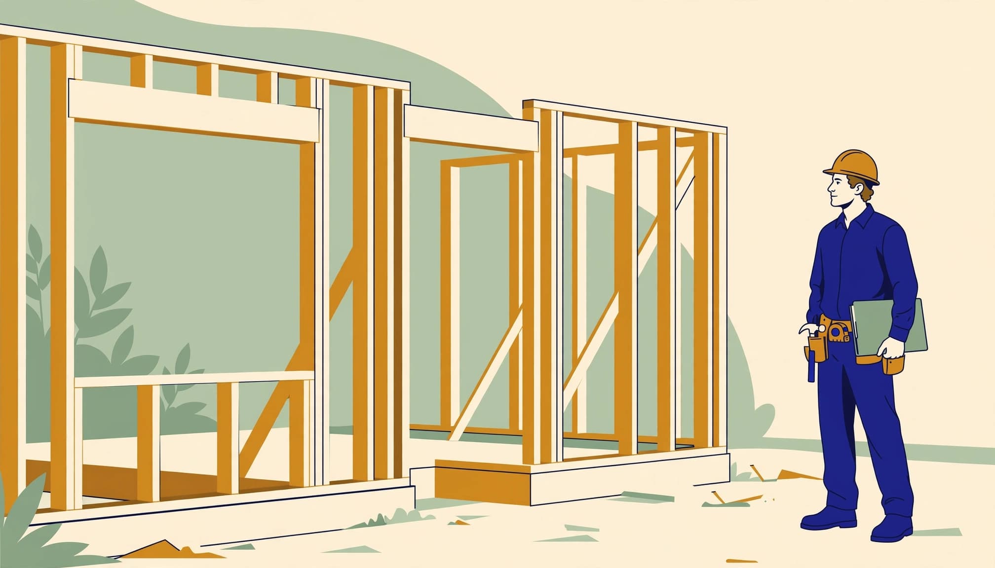 An illustration of a contractor with a hard hat and tool belt standing by wooden wall framing.