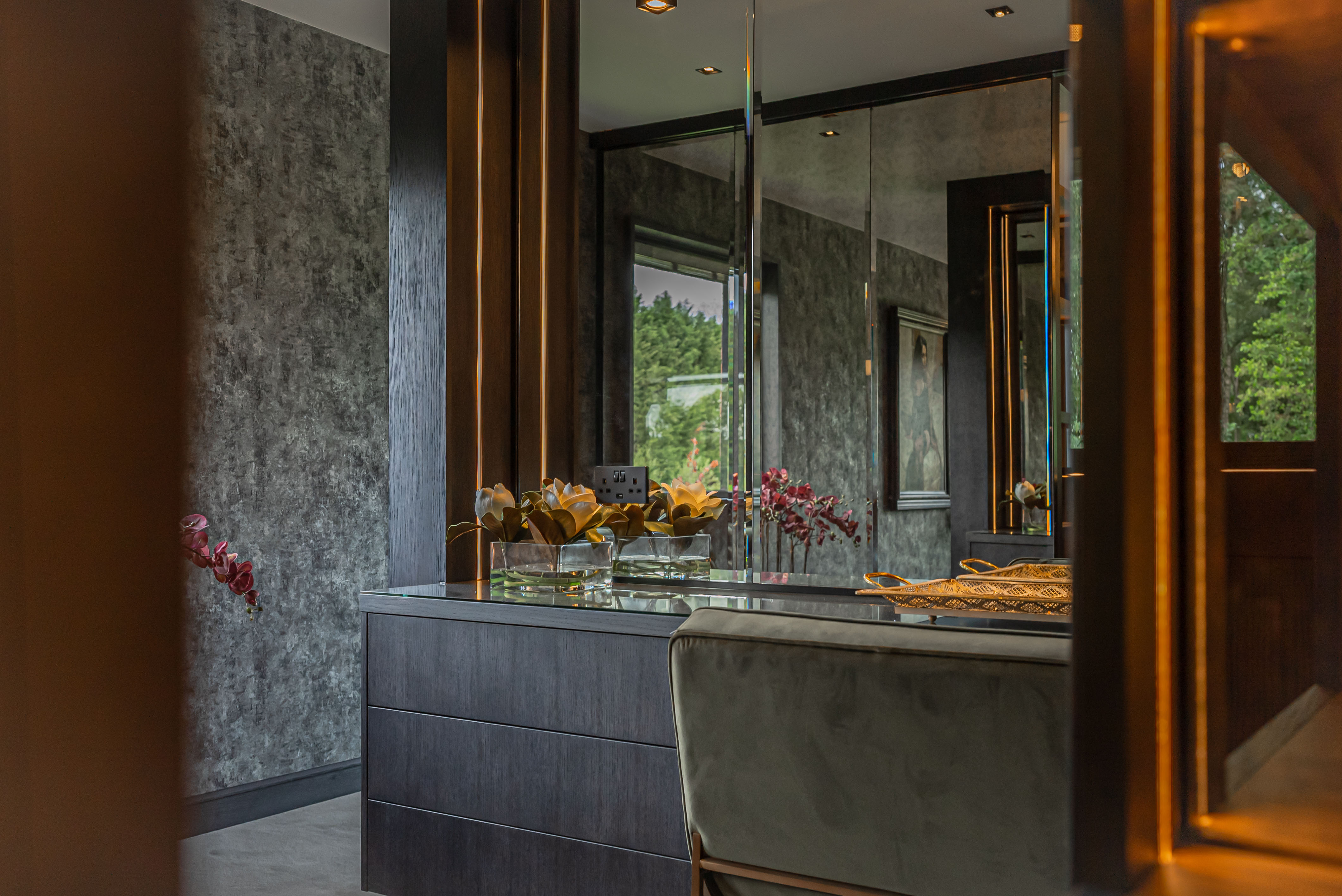 Dark luxury dressing table with bespoke mirror