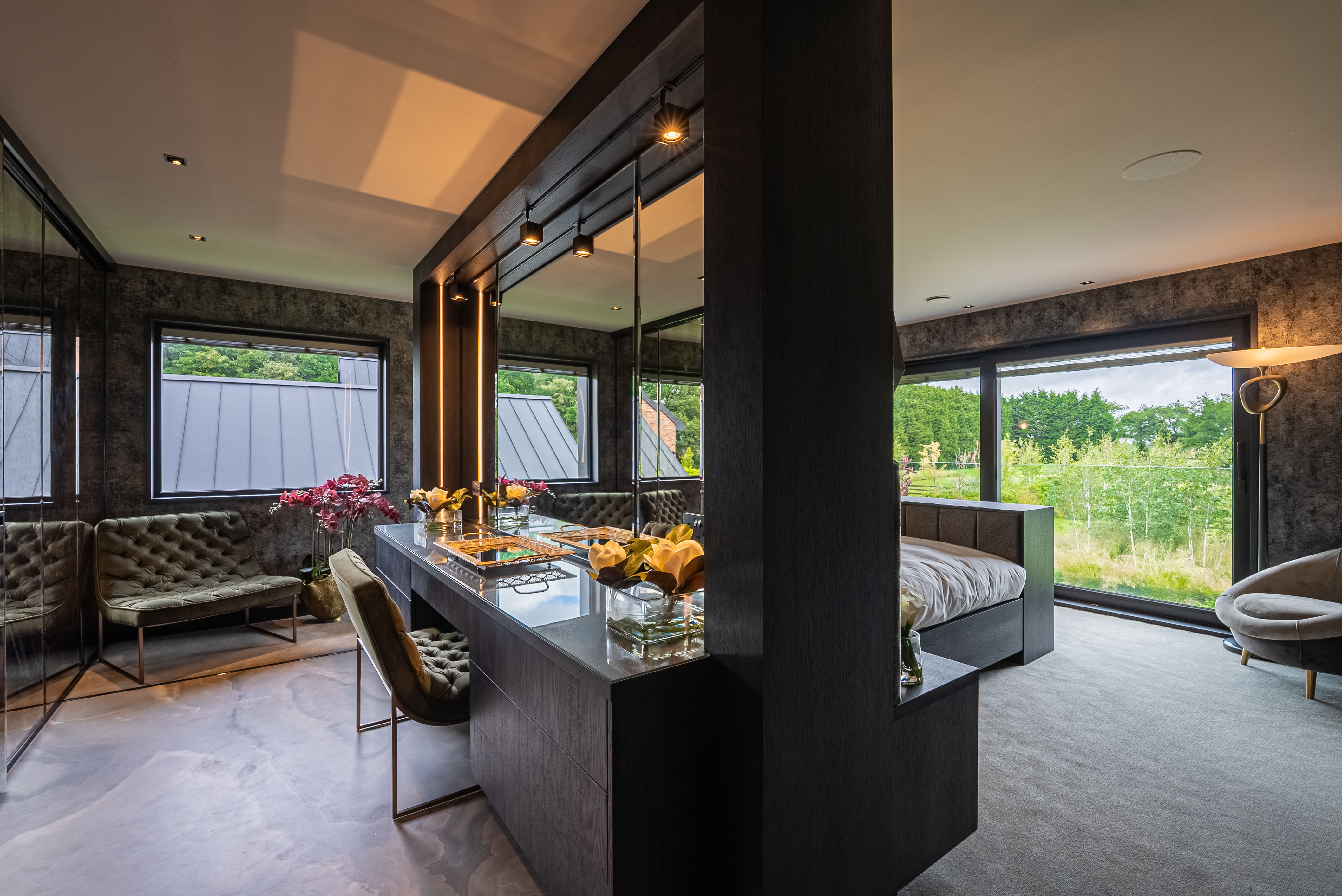 Luxury dressing room with full-wall smoked mirror