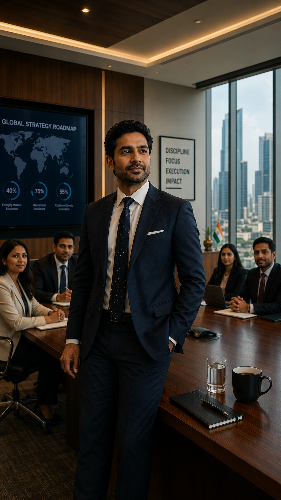 A confident professional in a corporate boardroom — quietly commanding presence