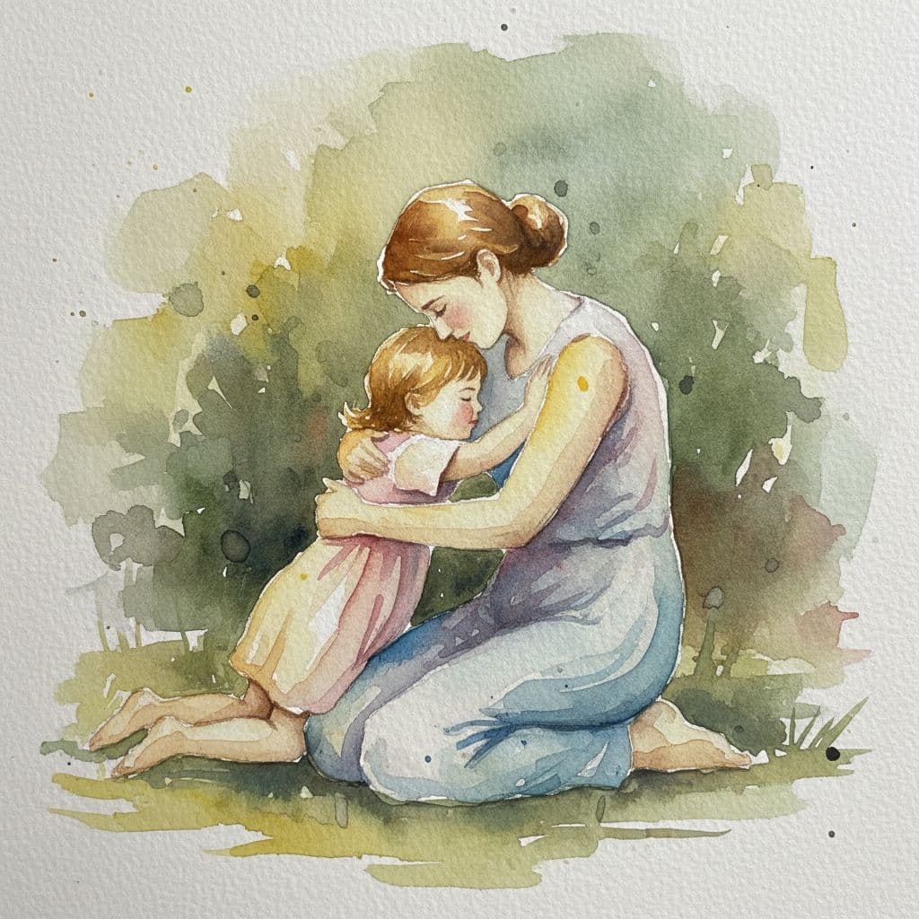mother kneeling giving child a hug mother kneeling giving child a hug
