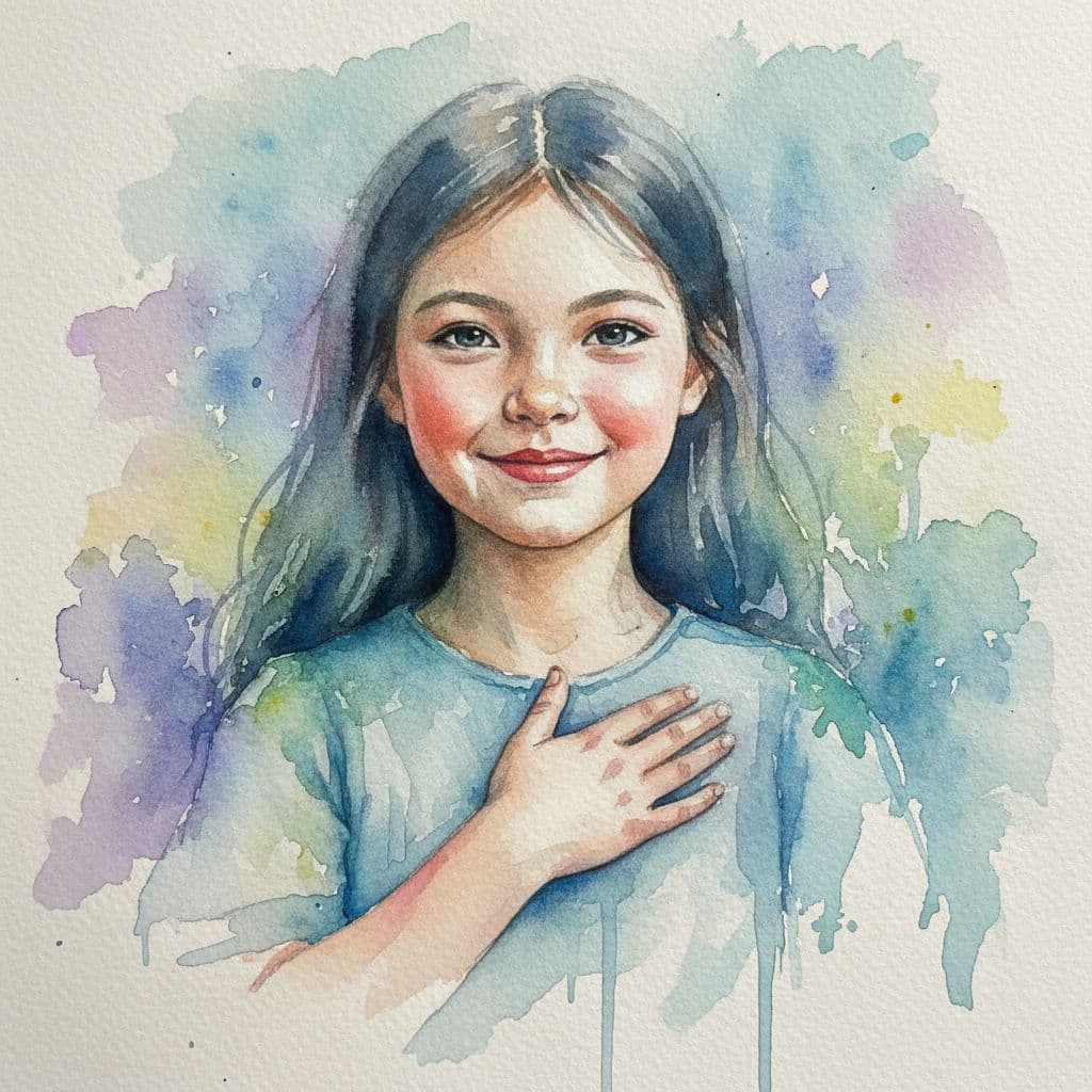Girl smiling with hand on her heart Girl smiling with hand on her heart