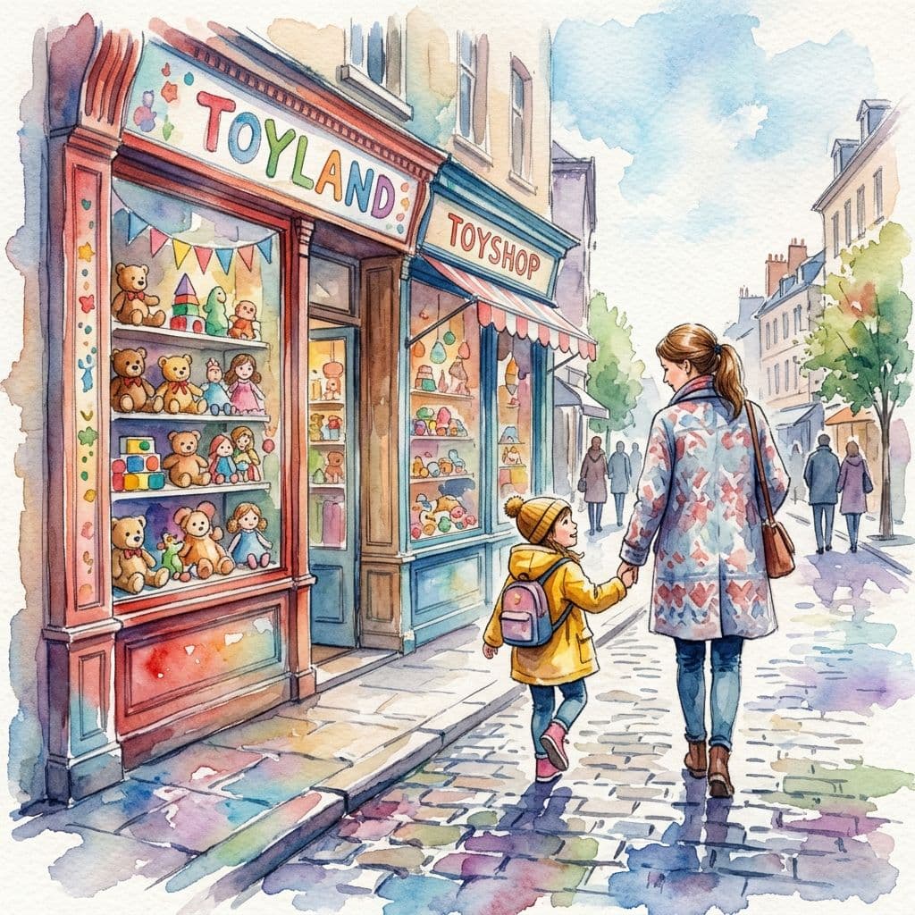 mother and child holding hands walking past a toy shop mother and child holding hands walking past a toy shop