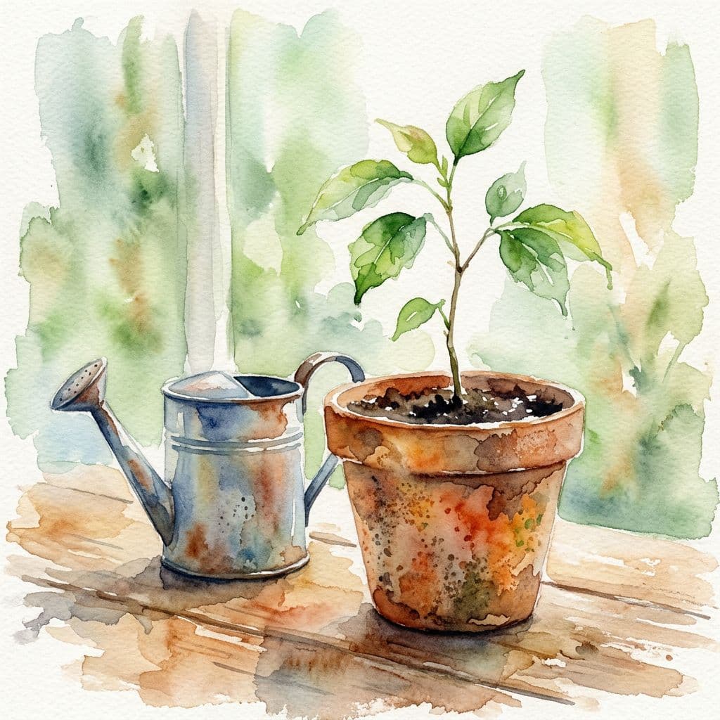 small sapling growing with watering can next to pot small sapling growing with watering can next to pot