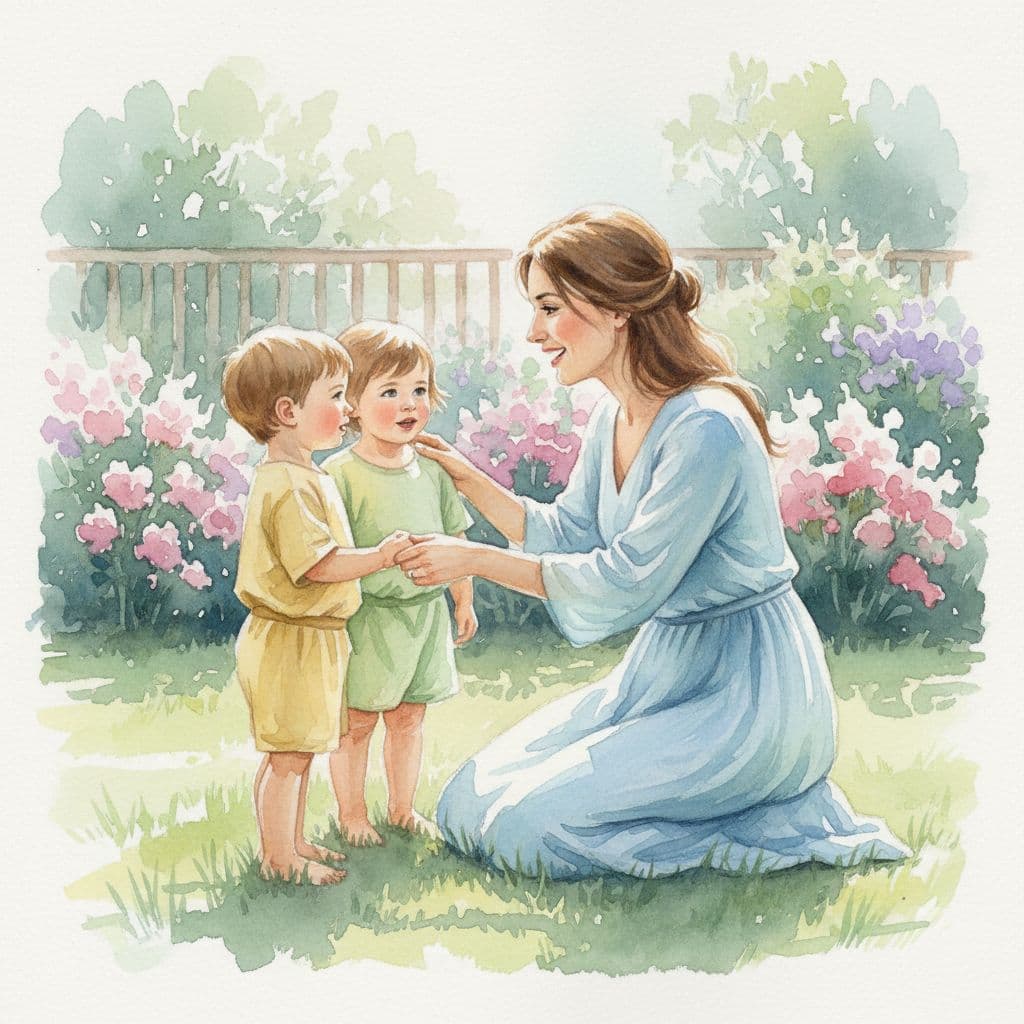 woman kneeling talking to two children