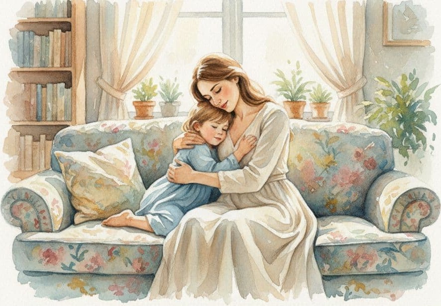 mum hugging her child on the sofa