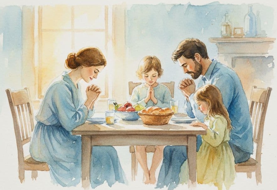 A mum and dad praying at the dinner table with their two children