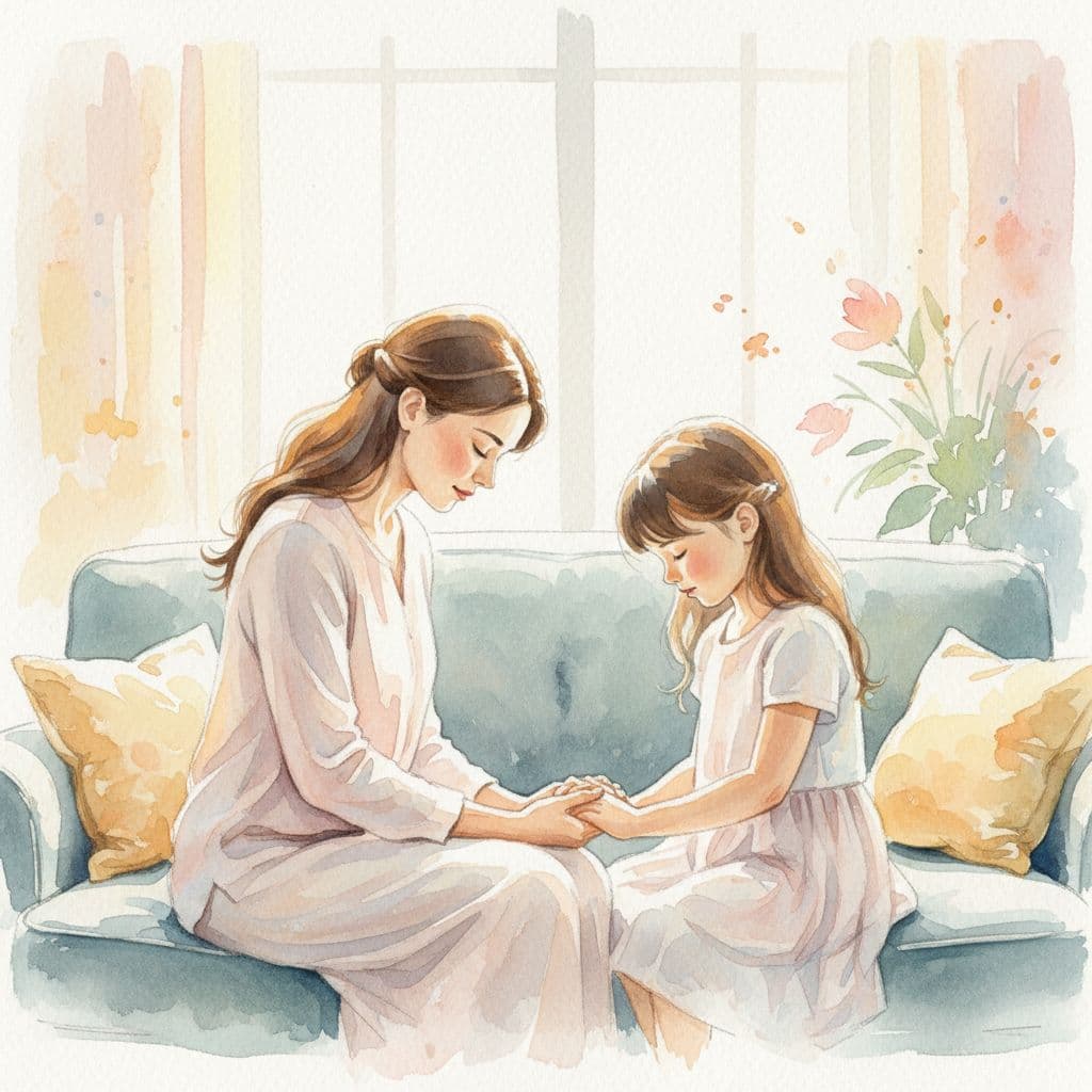 Mum and daughter sat on sofa, praying together