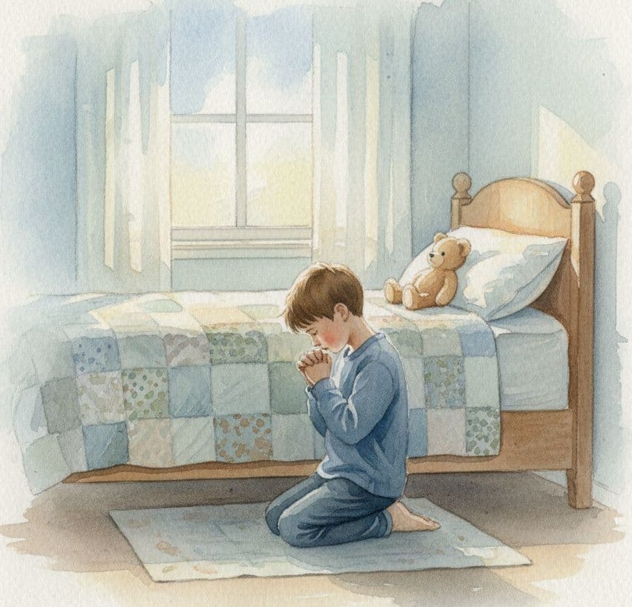 Boy kneeling by his bed praying