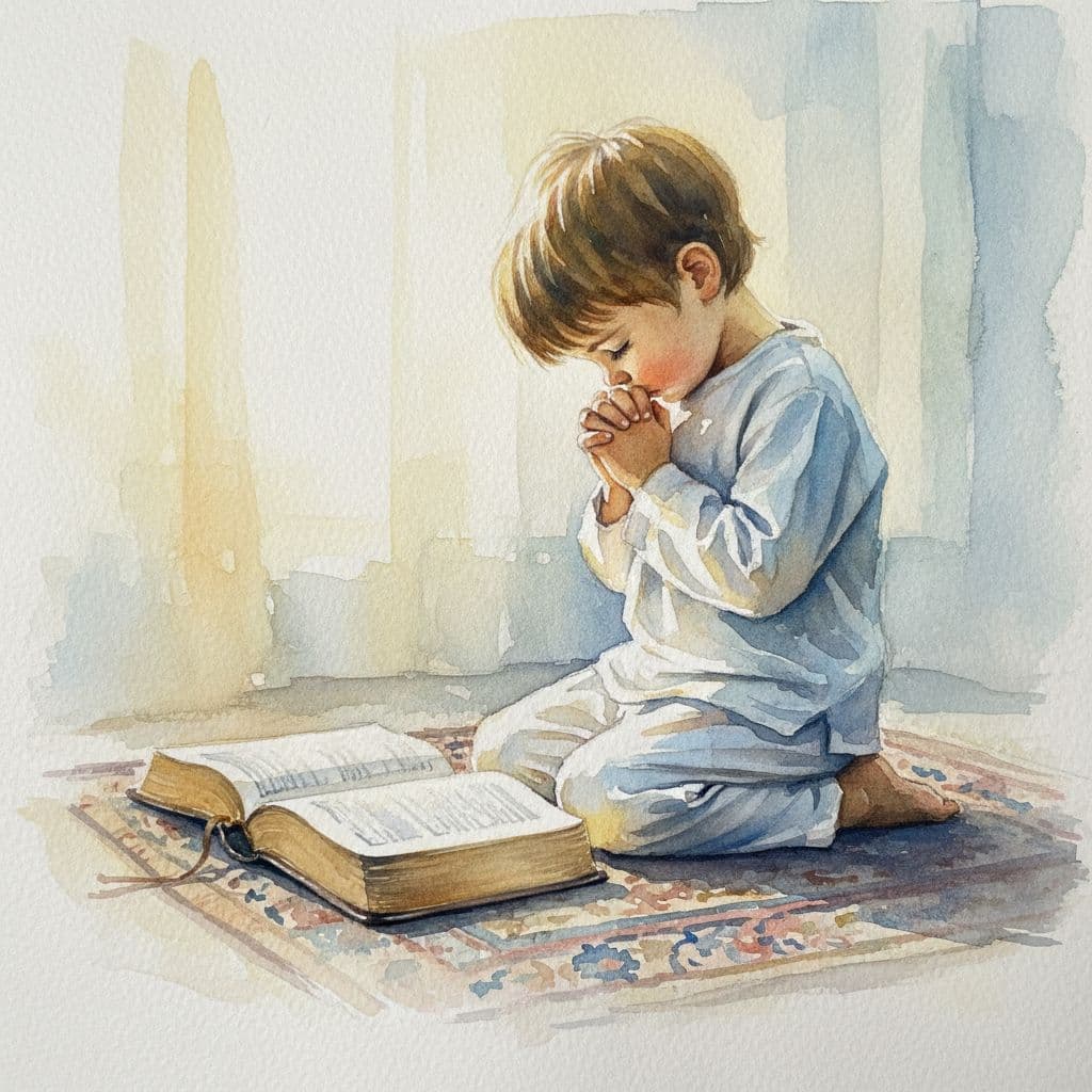 boy kneeling and praying in front of the Bible