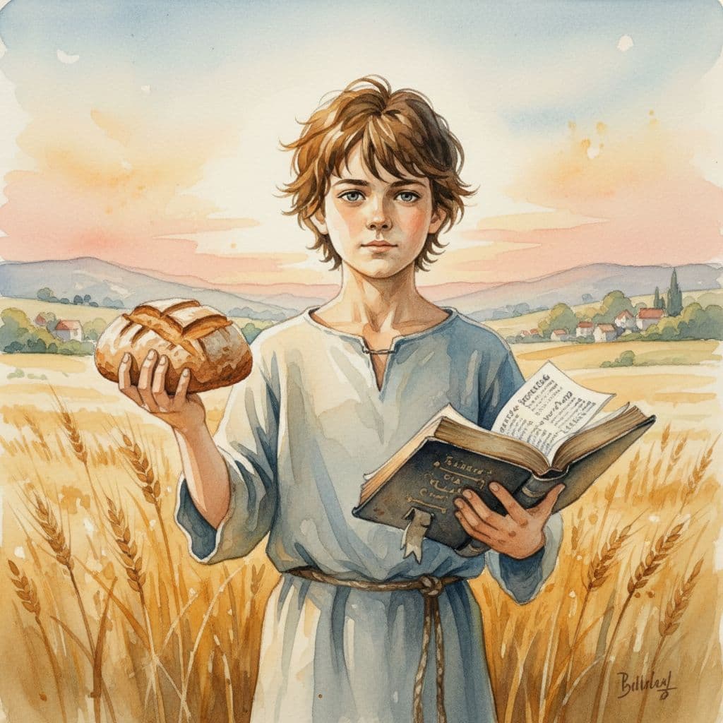 boy holding bread in one hand and the Bible in the other hand