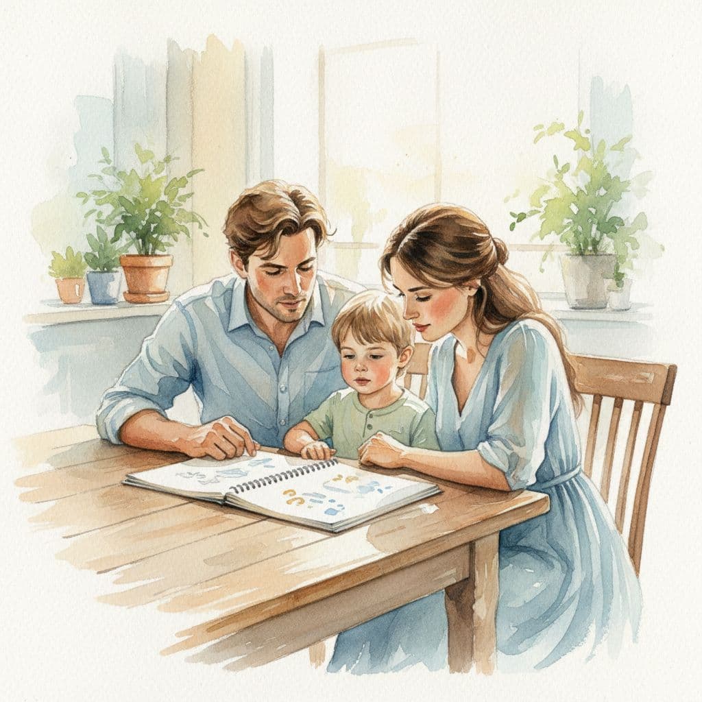 mum, dad, and child looking at notebook