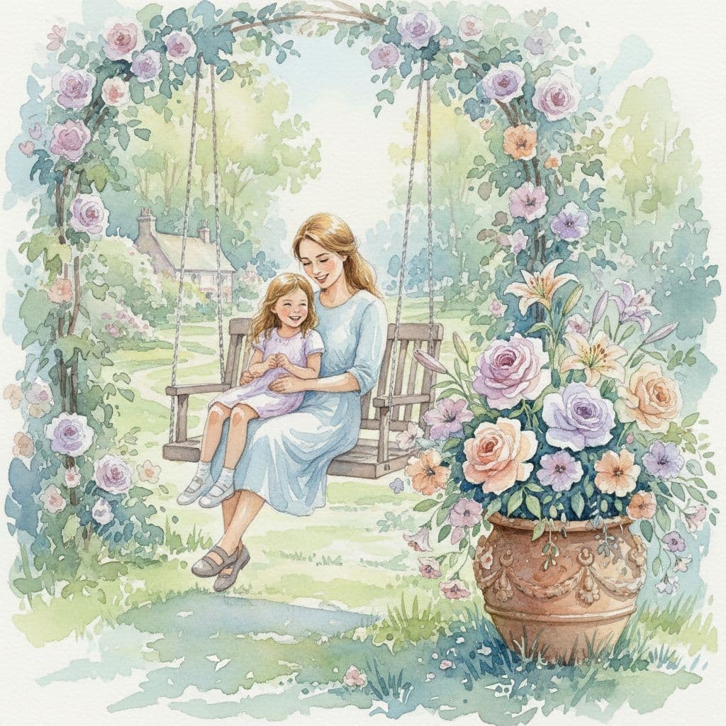 mother and daughter sat on swing seat with flowers around them mother and daughter sat on swing seat with flowers around them