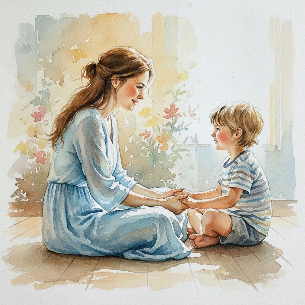 mother and son holding hands, sat on the floor mother and son holding hands, sat on the floor