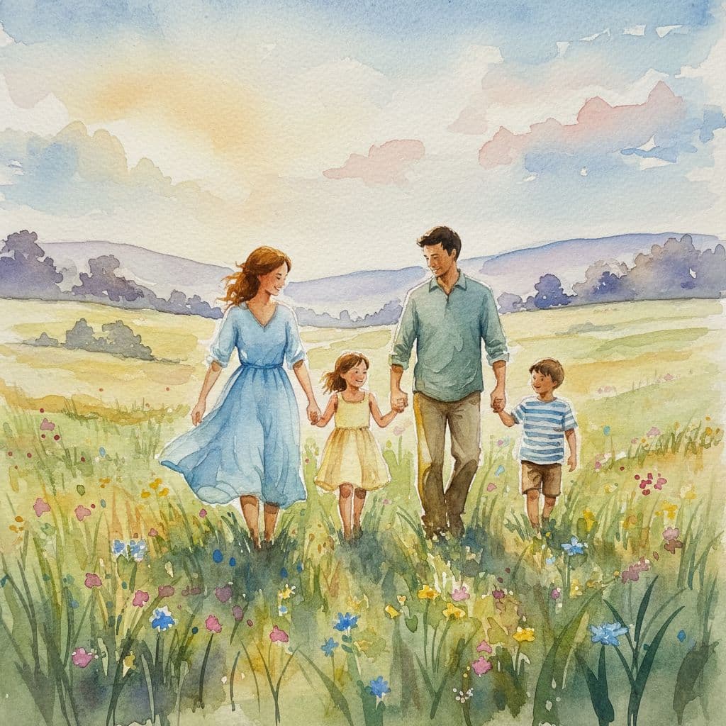 mum, dad, son, and daughter, holding hands and walking in a field mum, dad, son, and daughter, holding hands and walking in a field