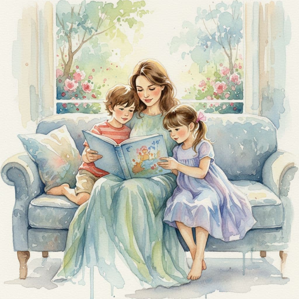 mum reading a book to her son and daughter on the sofa mum reading a book to her son and daughter on the sofa