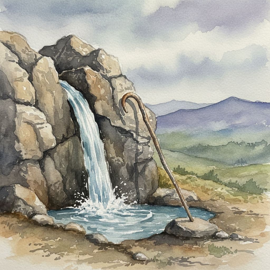 water flowing out of a rock, with a shepherd's staff leaning against the rock
