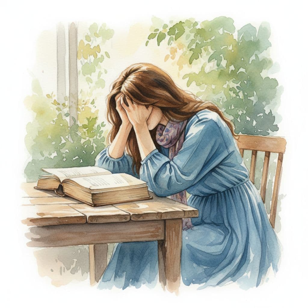 woman with head in hands, sat with an open Bible