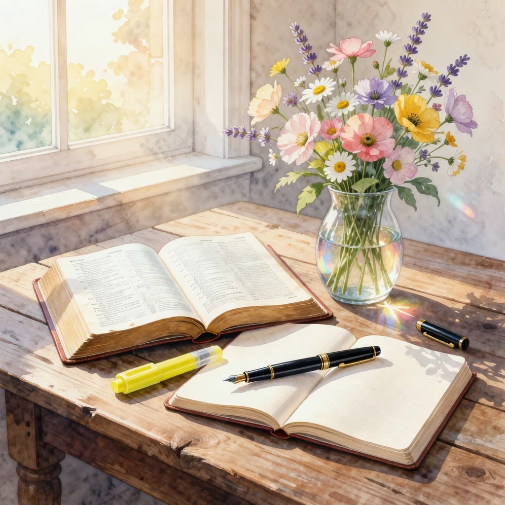 An open Bible and notebook with a vase of flowers on a sunny wooden desk.