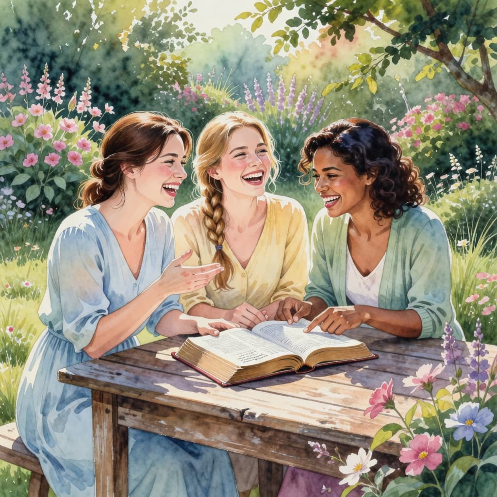 3 women laughing and talking about the Bible, sat in a garden