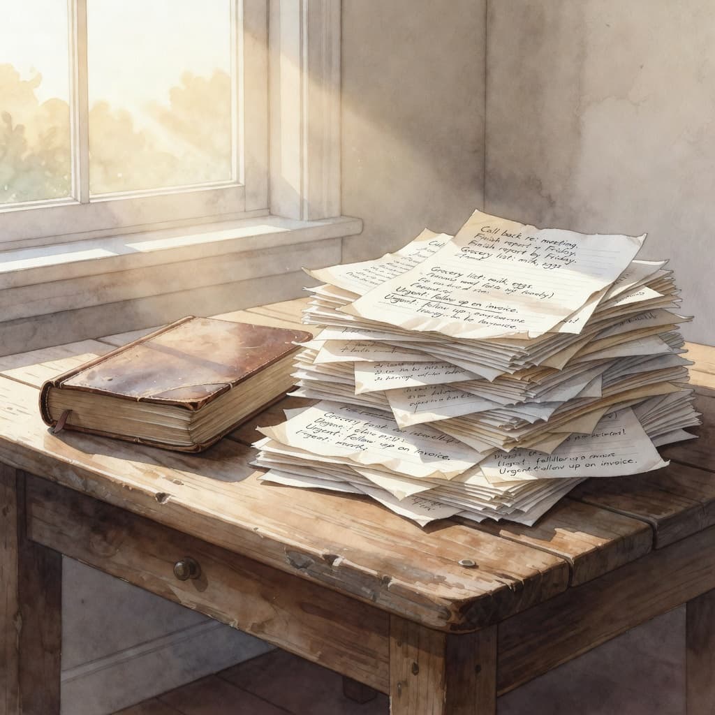 Bible next to loads of paperwork and to-do lists Bible next to loads of paperwork and to-do lists
