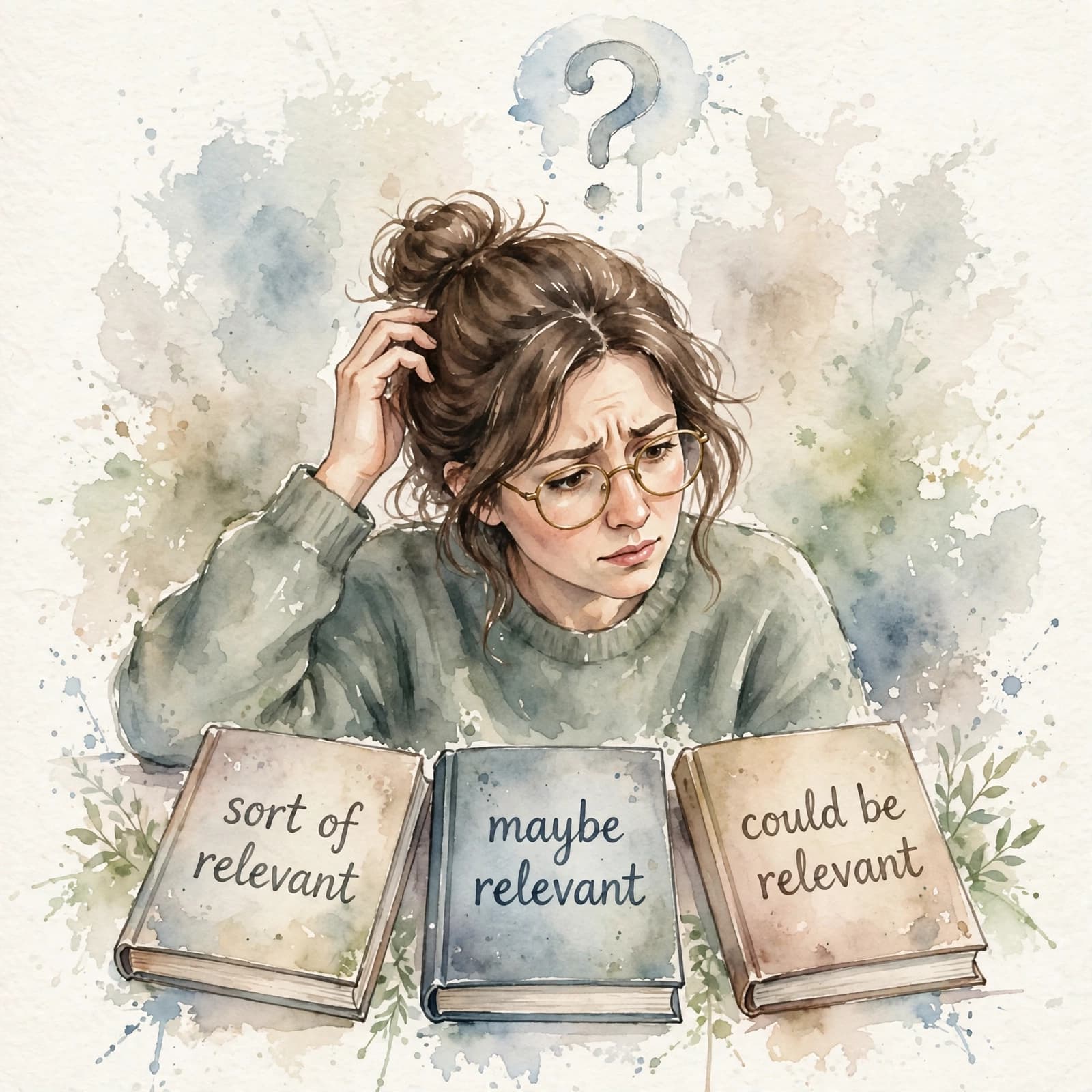 confused woman trying to decide which book is relevant