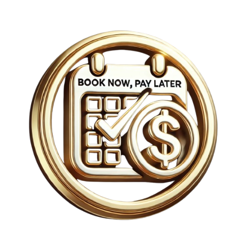 A polished gold circular badge featuring a calendar with a checkmark and a dollar sign, emphasizing the flexible Book Now, Pay Later option for the Kansas City Ghost and Gangster Tour, allowing you to plan your spine-chilling experience with ease.