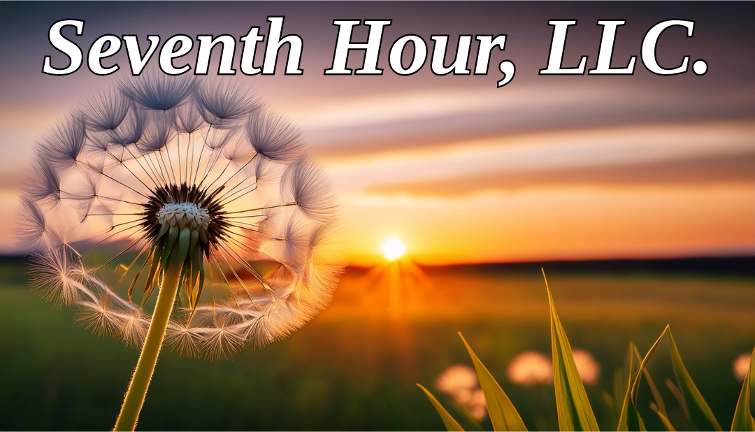 Seventh Hour, LLC logo, a dandelion at sunset