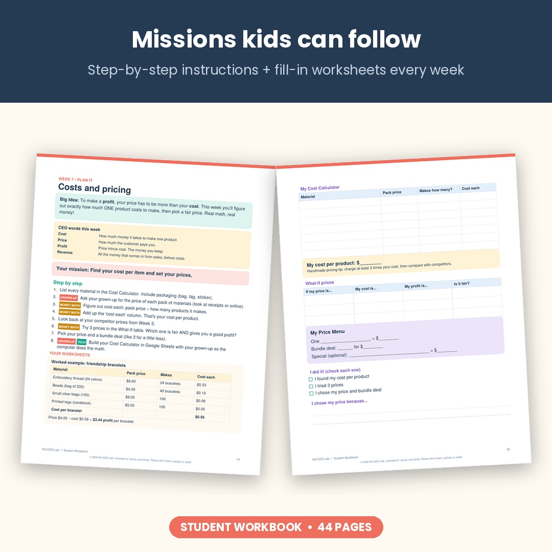 Kid CEO Lab student workbook pages: costs and pricing