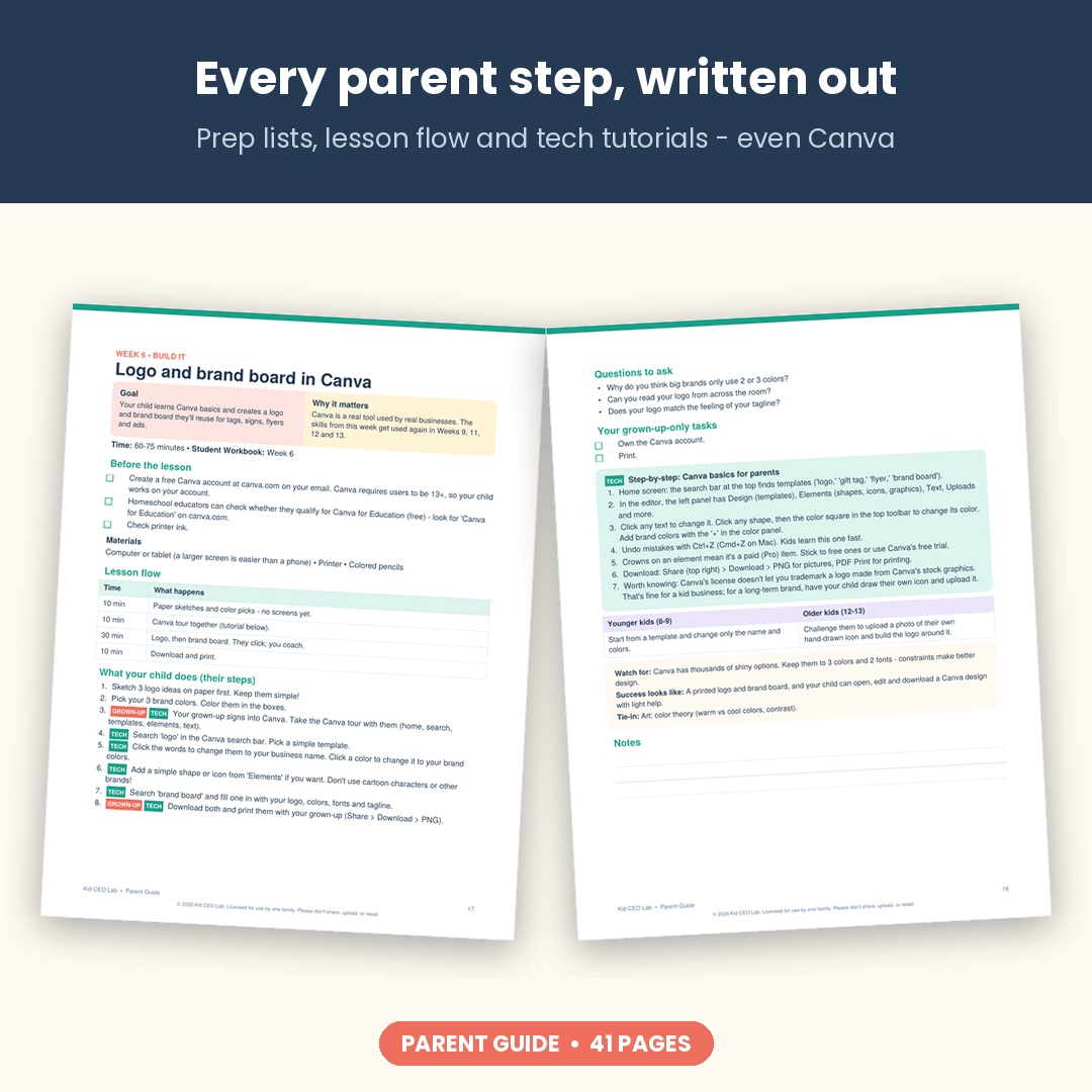 Kid CEO Lab parent guide pages: Canva lesson