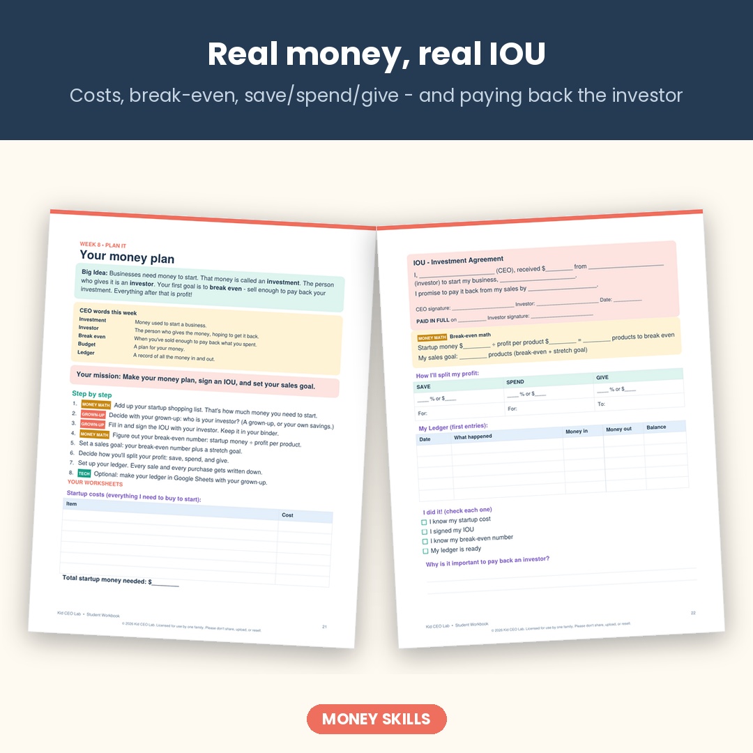 Kid CEO Lab money plan and investor IOU worksheet