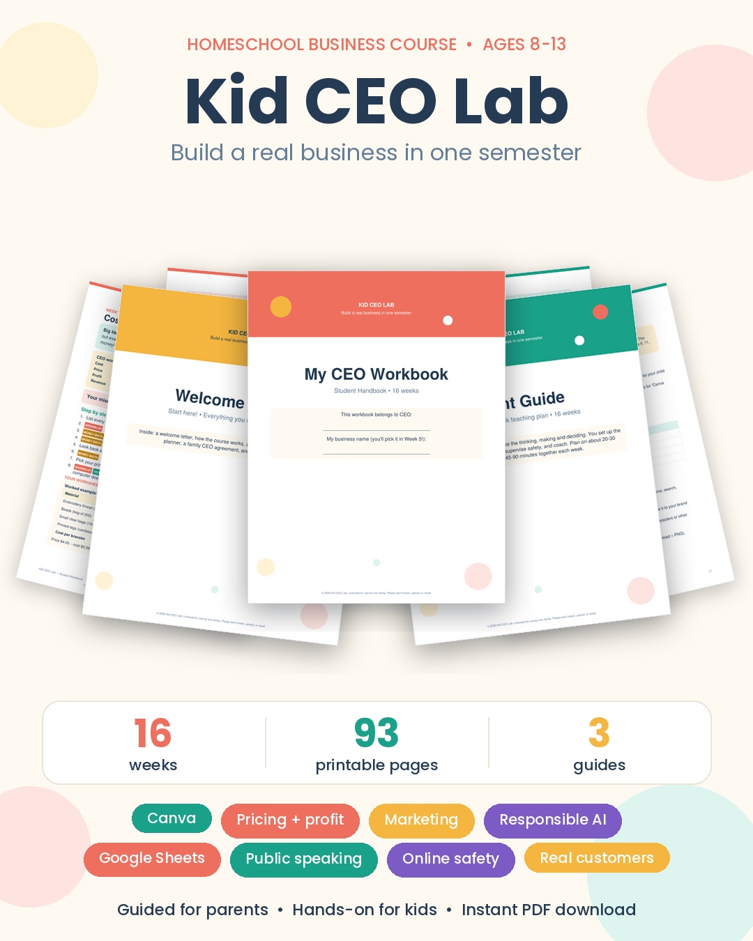 Kid CEO Lab business course for kids: Welcome Packet, Parent Guide and Student Workbook pages