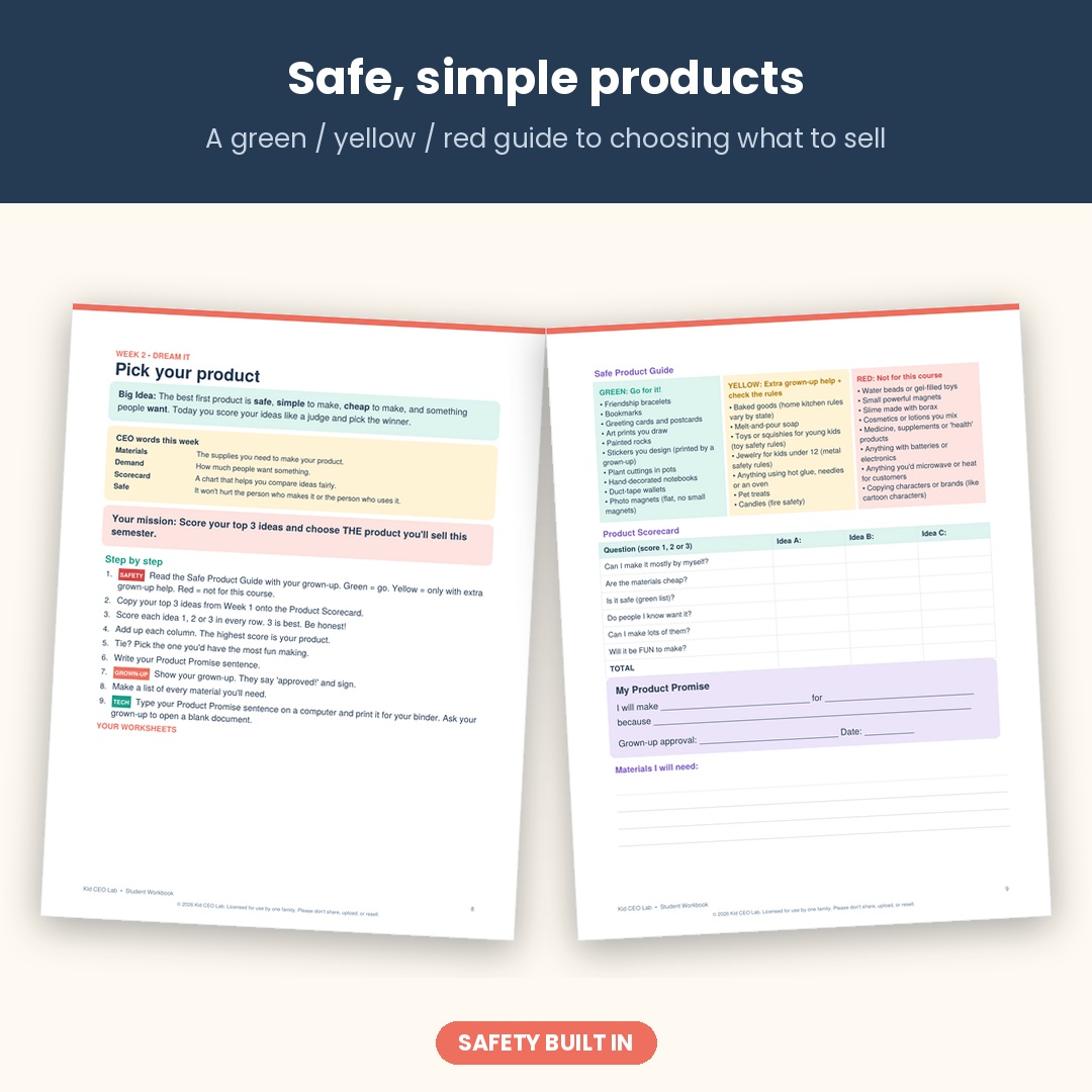 Kid CEO Lab safe product guide for kid businesses