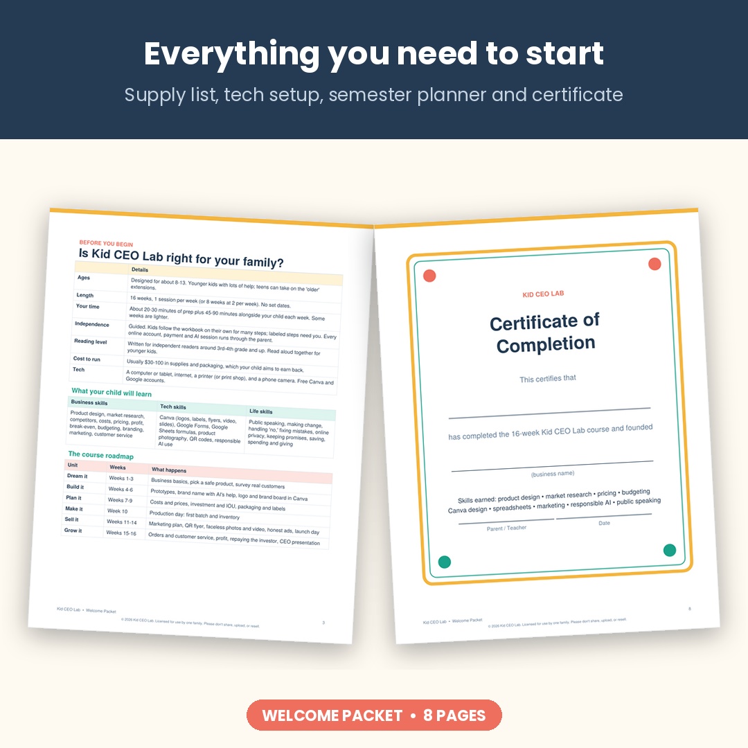 Kid CEO Lab welcome packet and certificate