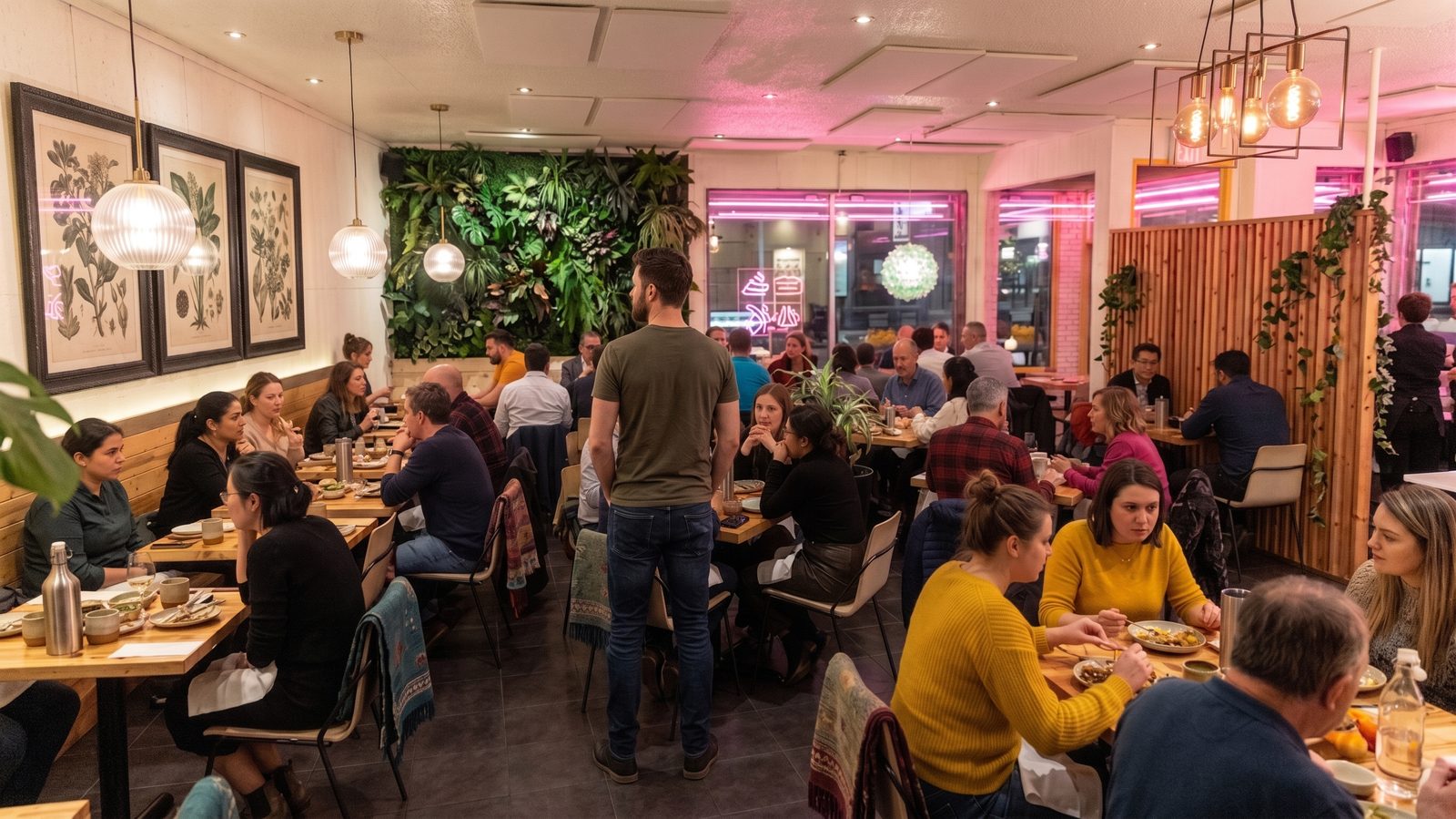 The same dining room full of guests during evening service