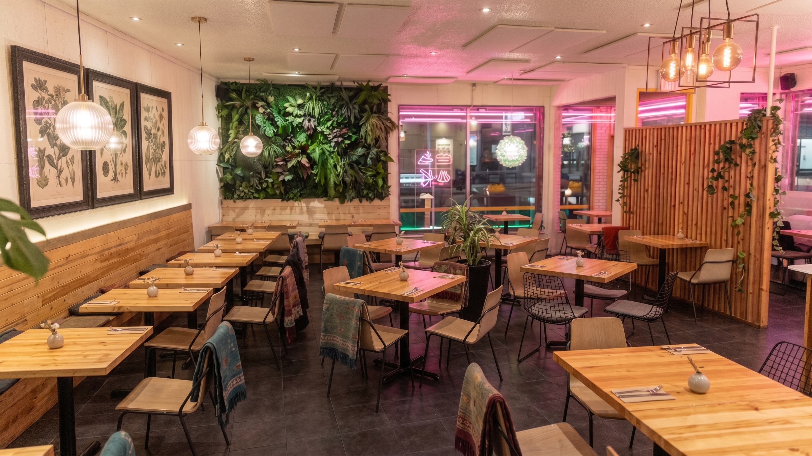 The same dining room empty, with every table unoccupied